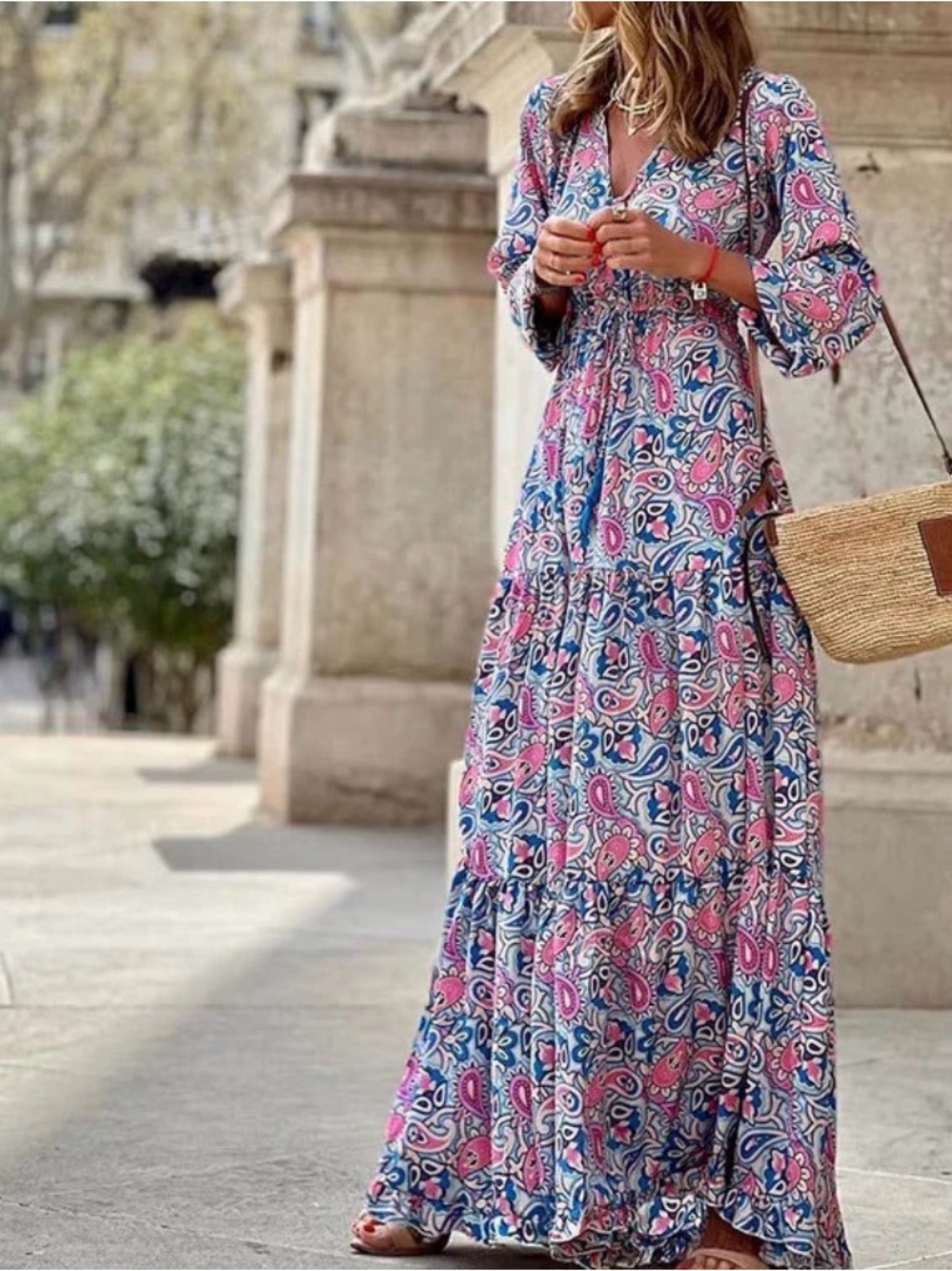 NWOT Paisley Tiered Maxi Dress in Pink & Blue